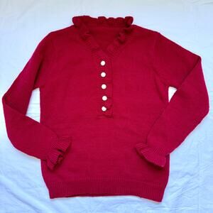 Vintage Red Ruffle Sweater Pearl Button V Neck Size M EUC Ruffle Collar/Sleeve